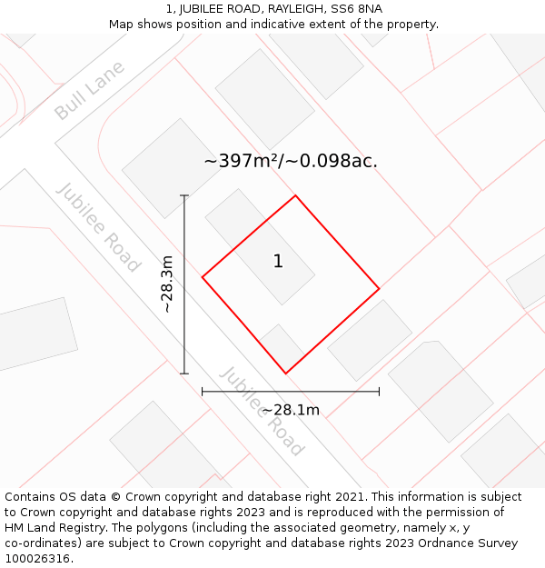 1, JUBILEE ROAD, RAYLEIGH, SS6 8NA: Plot and title map