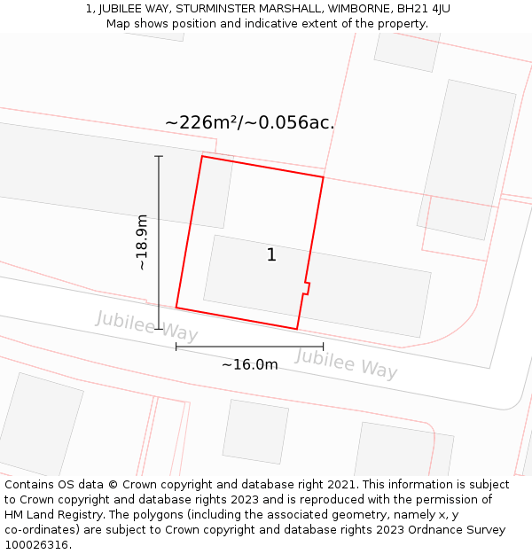 1, JUBILEE WAY, STURMINSTER MARSHALL, WIMBORNE, BH21 4JU: Plot and title map