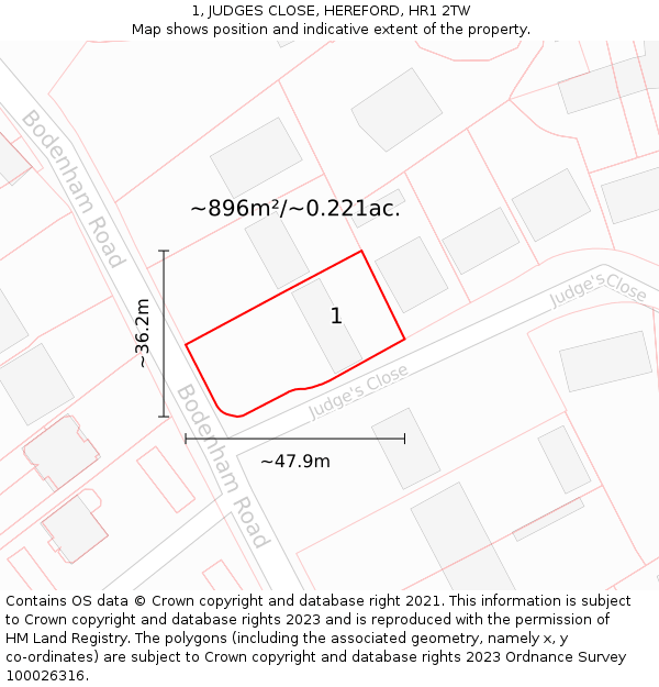 1, JUDGES CLOSE, HEREFORD, HR1 2TW: Plot and title map