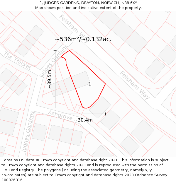 1, JUDGES GARDENS, DRAYTON, NORWICH, NR8 6XY: Plot and title map