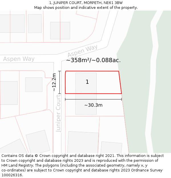 1, JUNIPER COURT, MORPETH, NE61 3BW: Plot and title map