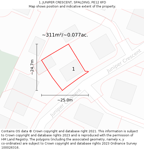 1, JUNIPER CRESCENT, SPALDING, PE12 6FD: Plot and title map