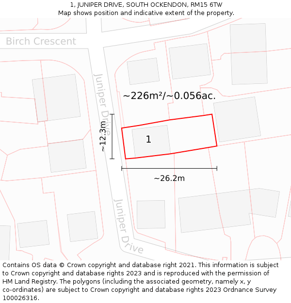 1, JUNIPER DRIVE, SOUTH OCKENDON, RM15 6TW: Plot and title map