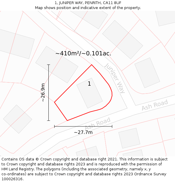 1, JUNIPER WAY, PENRITH, CA11 8UF: Plot and title map