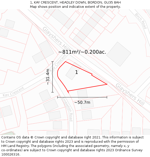 1, KAY CRESCENT, HEADLEY DOWN, BORDON, GU35 8AH: Plot and title map