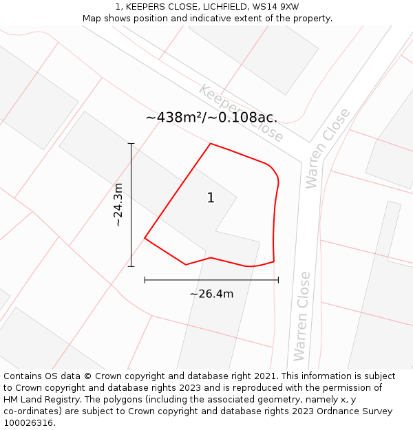 1, KEEPERS CLOSE, LICHFIELD, WS14 9XW: Plot and title map