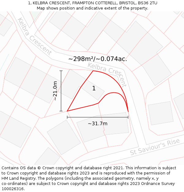 1, KELBRA CRESCENT, FRAMPTON COTTERELL, BRISTOL, BS36 2TU: Plot and title map