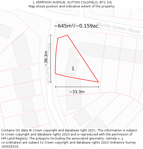 1, KEMPSON AVENUE, SUTTON COLDFIELD, B72 1HJ: Plot and title map