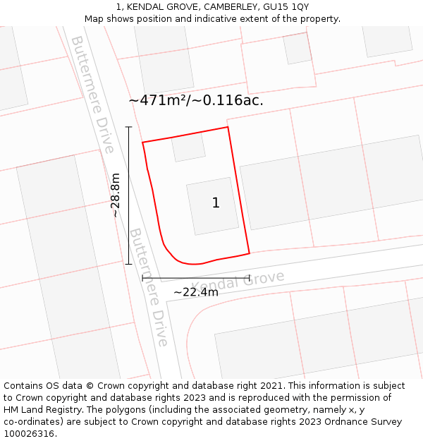 1, KENDAL GROVE, CAMBERLEY, GU15 1QY: Plot and title map