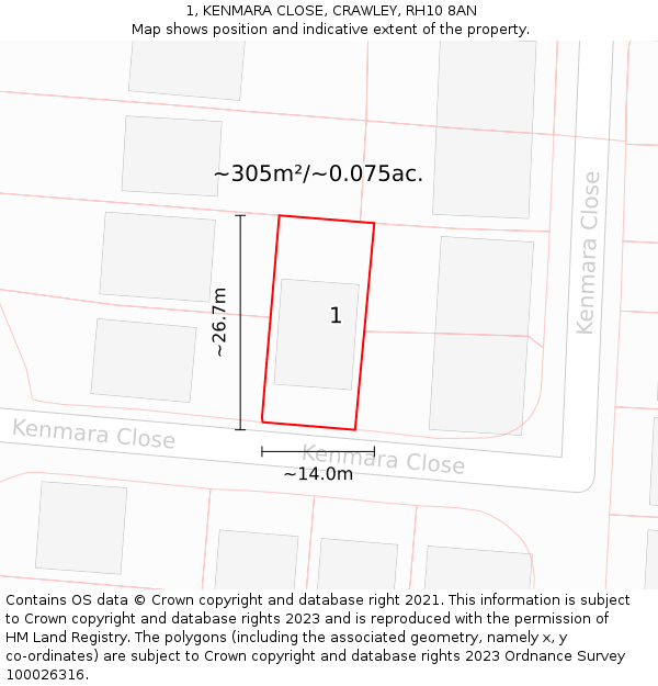 1, KENMARA CLOSE, CRAWLEY, RH10 8AN: Plot and title map