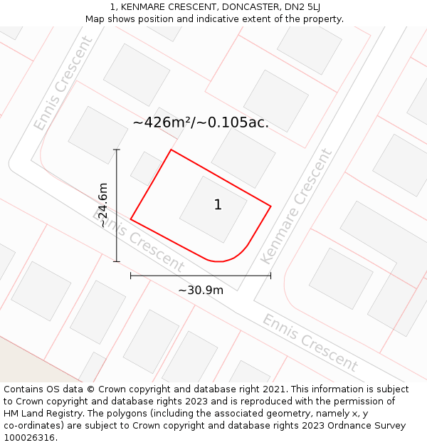 1, KENMARE CRESCENT, DONCASTER, DN2 5LJ: Plot and title map