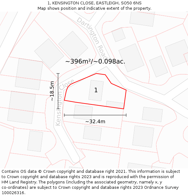 1, KENSINGTON CLOSE, EASTLEIGH, SO50 6NS: Plot and title map