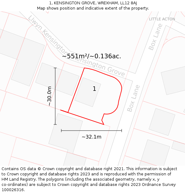 1, KENSINGTON GROVE, WREXHAM, LL12 8AJ: Plot and title map