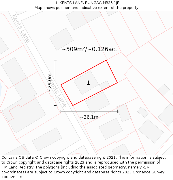 1, KENTS LANE, BUNGAY, NR35 1JF: Plot and title map