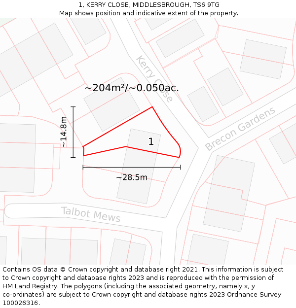 1, KERRY CLOSE, MIDDLESBROUGH, TS6 9TG: Plot and title map