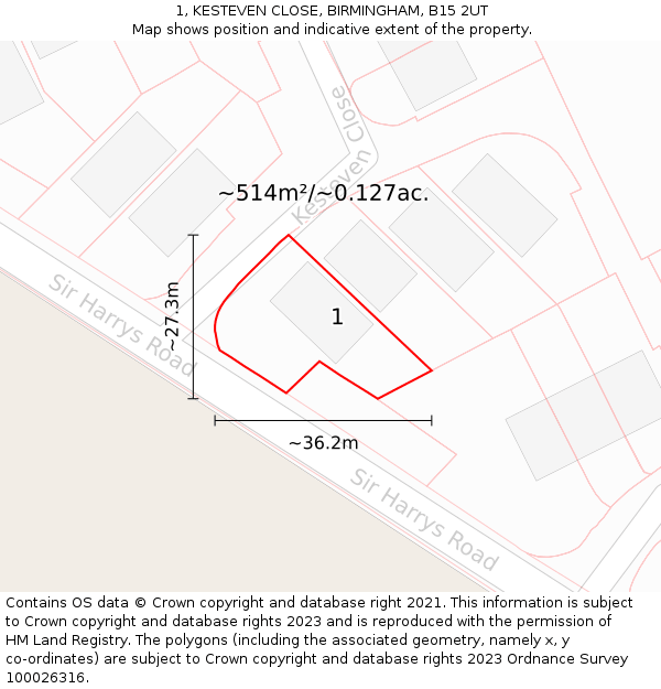 1, KESTEVEN CLOSE, BIRMINGHAM, B15 2UT: Plot and title map