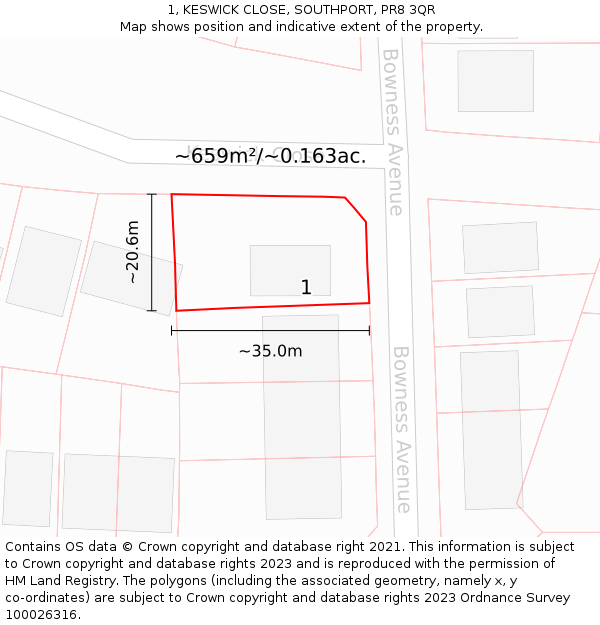 1, KESWICK CLOSE, SOUTHPORT, PR8 3QR: Plot and title map