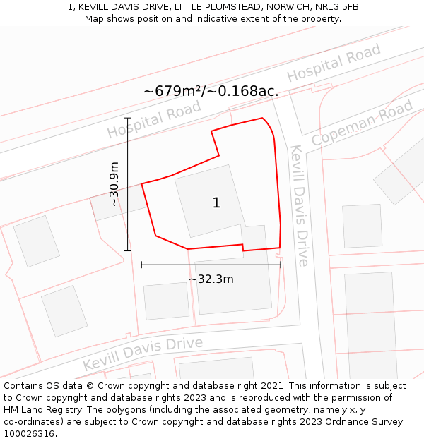 1, KEVILL DAVIS DRIVE, LITTLE PLUMSTEAD, NORWICH, NR13 5FB: Plot and title map