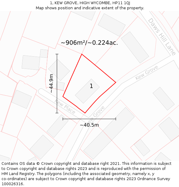 1, KEW GROVE, HIGH WYCOMBE, HP11 1QJ: Plot and title map