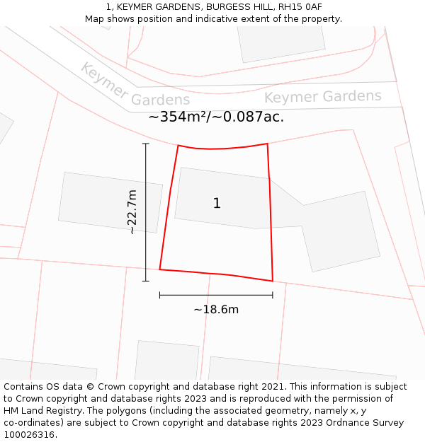 1, KEYMER GARDENS, BURGESS HILL, RH15 0AF: Plot and title map