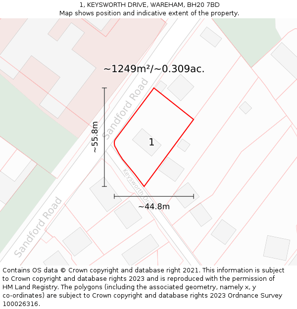 1, KEYSWORTH DRIVE, WAREHAM, BH20 7BD: Plot and title map