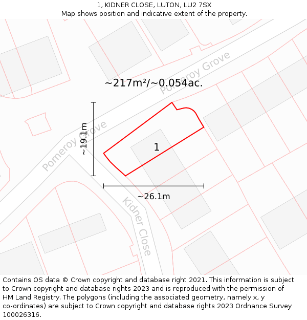 1, KIDNER CLOSE, LUTON, LU2 7SX: Plot and title map