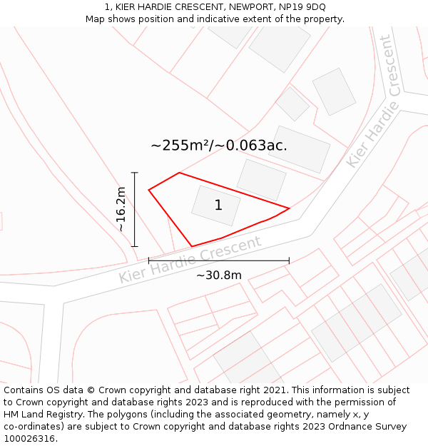 1, KIER HARDIE CRESCENT, NEWPORT, NP19 9DQ: Plot and title map