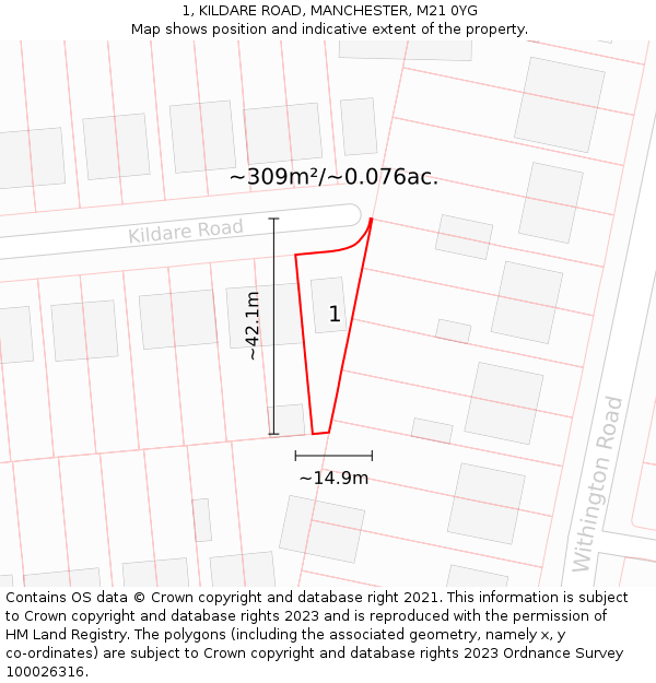 1, KILDARE ROAD, MANCHESTER, M21 0YG: Plot and title map