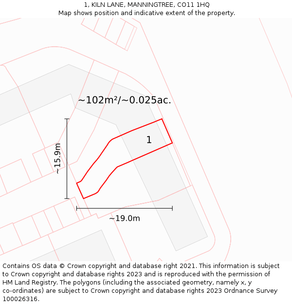 1, KILN LANE, MANNINGTREE, CO11 1HQ: Plot and title map