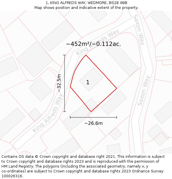 1, KING ALFREDS WAY, WEDMORE, BS28 4BB: Plot and title map