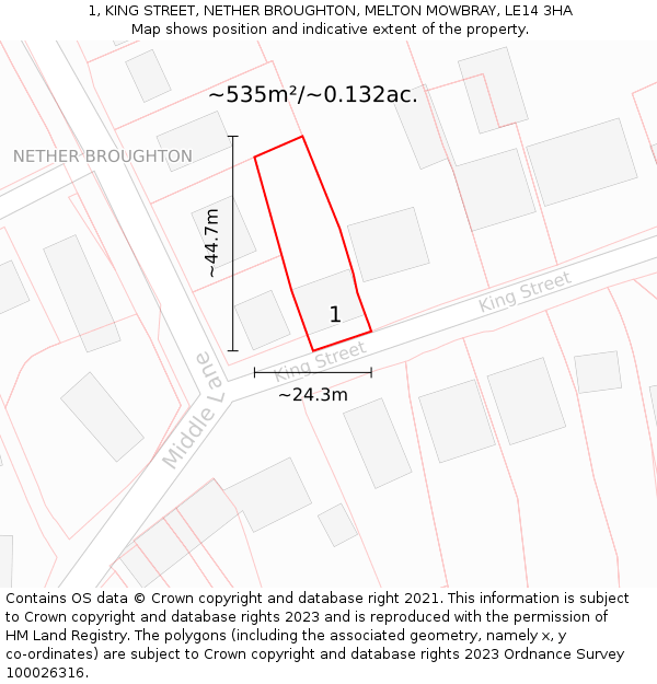1, KING STREET, NETHER BROUGHTON, MELTON MOWBRAY, LE14 3HA: Plot and title map