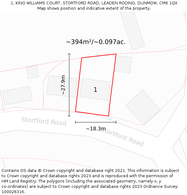 1, KING WILLIAMS COURT, STORTFORD ROAD, LEADEN RODING, DUNMOW, CM6 1QX: Plot and title map
