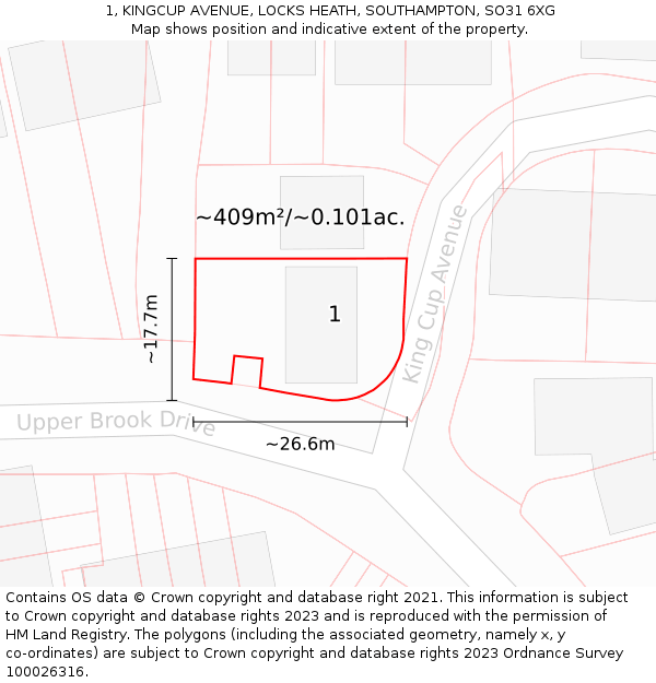 1, KINGCUP AVENUE, LOCKS HEATH, SOUTHAMPTON, SO31 6XG: Plot and title map