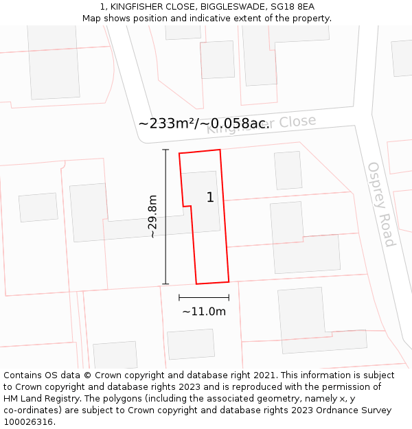 1, KINGFISHER CLOSE, BIGGLESWADE, SG18 8EA: Plot and title map