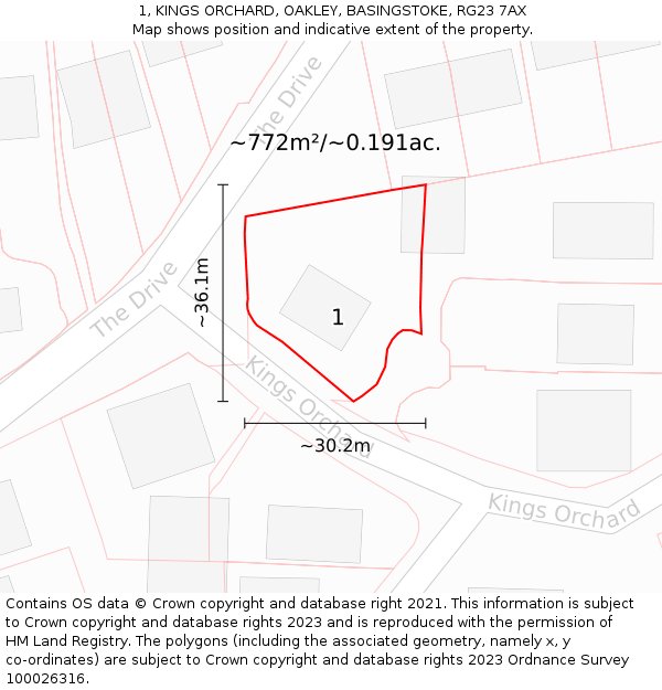 1, KINGS ORCHARD, OAKLEY, BASINGSTOKE, RG23 7AX: Plot and title map