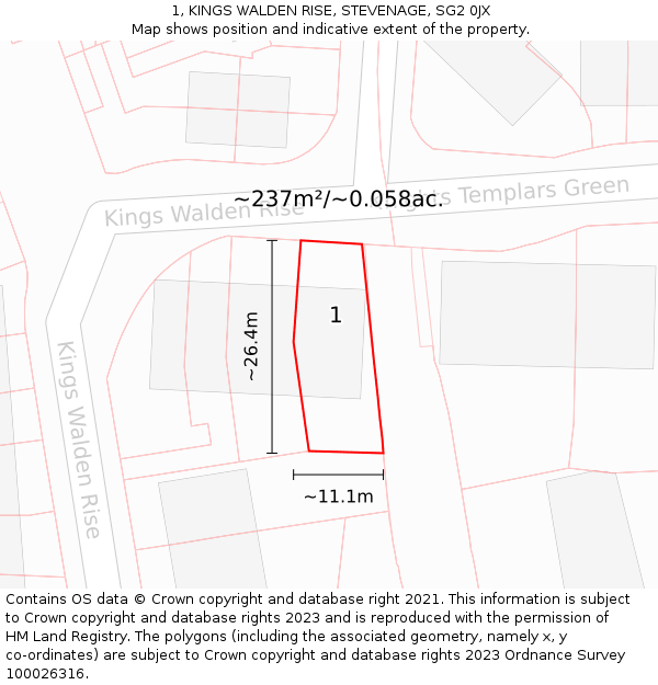 1, KINGS WALDEN RISE, STEVENAGE, SG2 0JX: Plot and title map