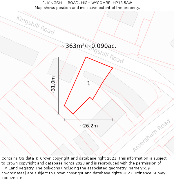 1, KINGSHILL ROAD, HIGH WYCOMBE, HP13 5AW: Plot and title map