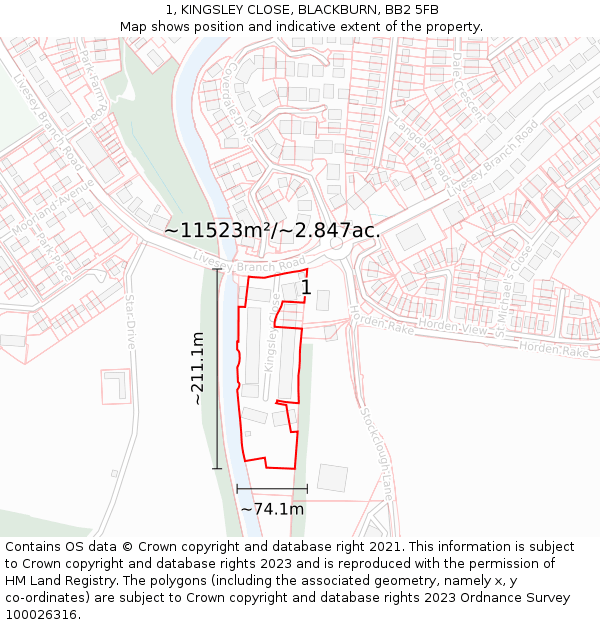 1, KINGSLEY CLOSE, BLACKBURN, BB2 5FB: Plot and title map