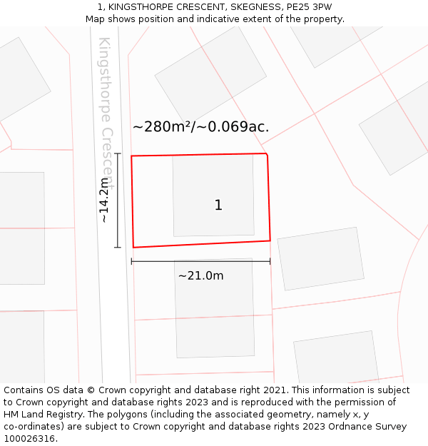 1, KINGSTHORPE CRESCENT, SKEGNESS, PE25 3PW: Plot and title map