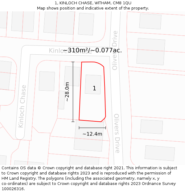 1, KINLOCH CHASE, WITHAM, CM8 1QU: Plot and title map