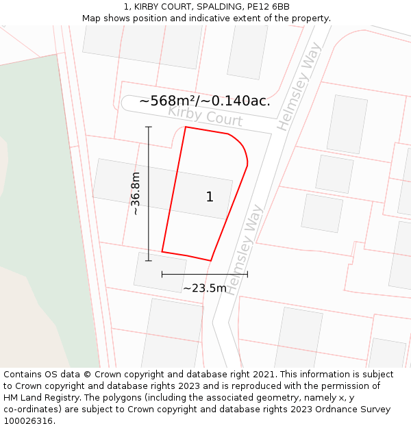 1, KIRBY COURT, SPALDING, PE12 6BB: Plot and title map