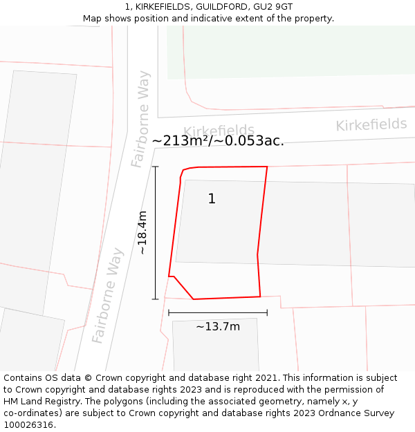 1, KIRKEFIELDS, GUILDFORD, GU2 9GT: Plot and title map