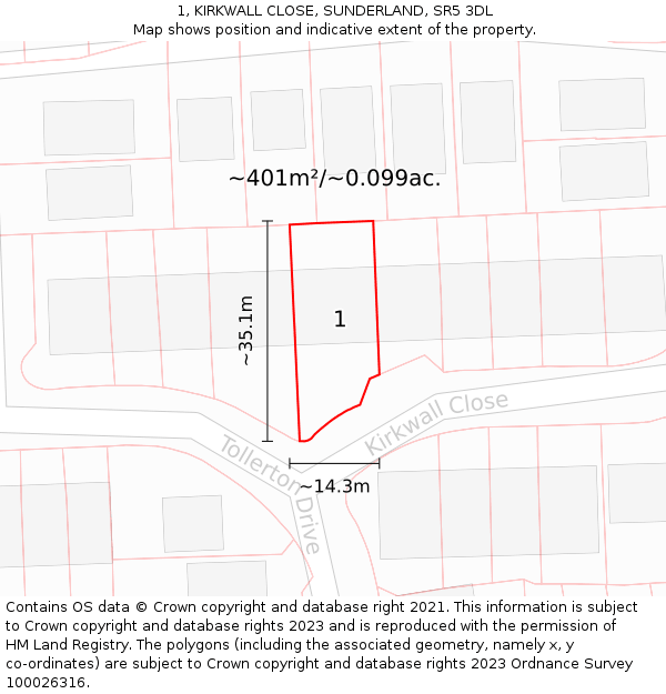 1, KIRKWALL CLOSE, SUNDERLAND, SR5 3DL: Plot and title map