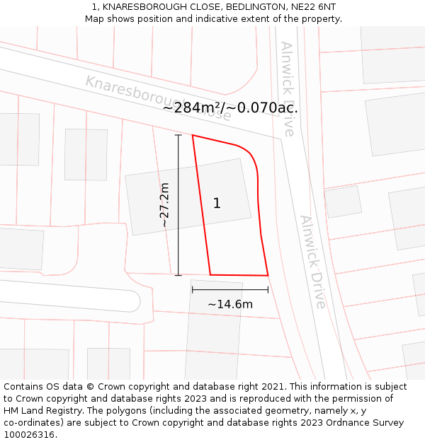 1, KNARESBOROUGH CLOSE, BEDLINGTON, NE22 6NT: Plot and title map