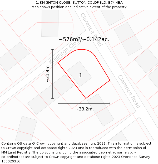 1, KNIGHTON CLOSE, SUTTON COLDFIELD, B74 4BA: Plot and title map