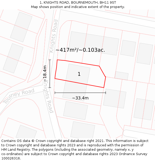 1, KNIGHTS ROAD, BOURNEMOUTH, BH11 9ST: Plot and title map