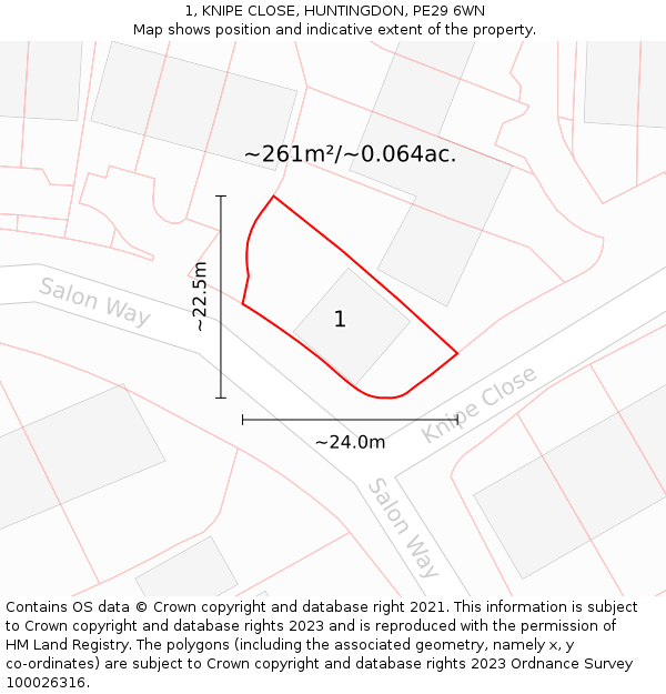 1, KNIPE CLOSE, HUNTINGDON, PE29 6WN: Plot and title map