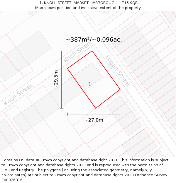 1, KNOLL STREET, MARKET HARBOROUGH, LE16 9QR: Plot and title map