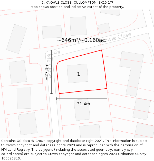 1, KNOWLE CLOSE, CULLOMPTON, EX15 1TF: Plot and title map