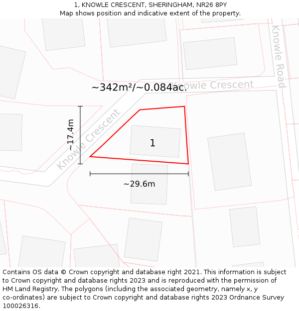 1, KNOWLE CRESCENT, SHERINGHAM, NR26 8PY: Plot and title map